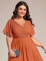 Plus Size Double V-Neck Ruffles Sleeve Chiffon Midi Wedding Guest Dress - Image 87