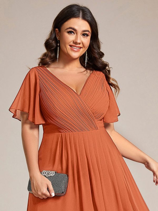 Plus Size Double V-Neck Ruffles Sleeve Chiffon Midi Wedding Guest Dress - Image 87