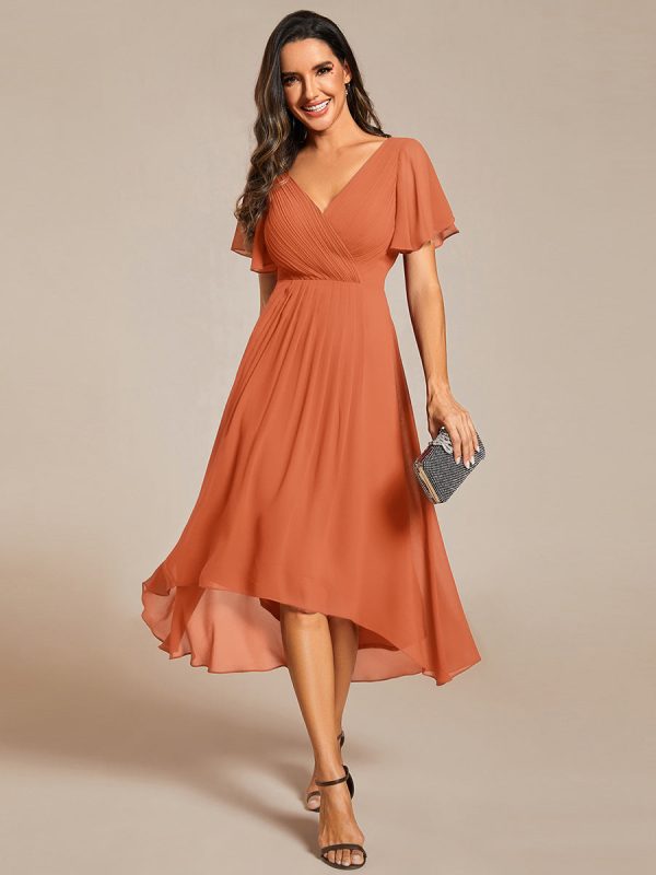 Plus Size Double V-Neck Ruffles Sleeve Chiffon Midi Wedding Guest Dress - Image 94