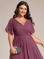 Plus Size Double V-Neck Ruffles Sleeve Chiffon Midi Wedding Guest Dress - Image 90
