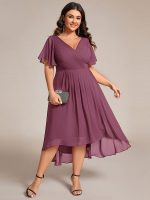 Plus Size Double V-Neck Ruffles Sleeve Chiffon Midi Wedding Guest Dress - Image 88