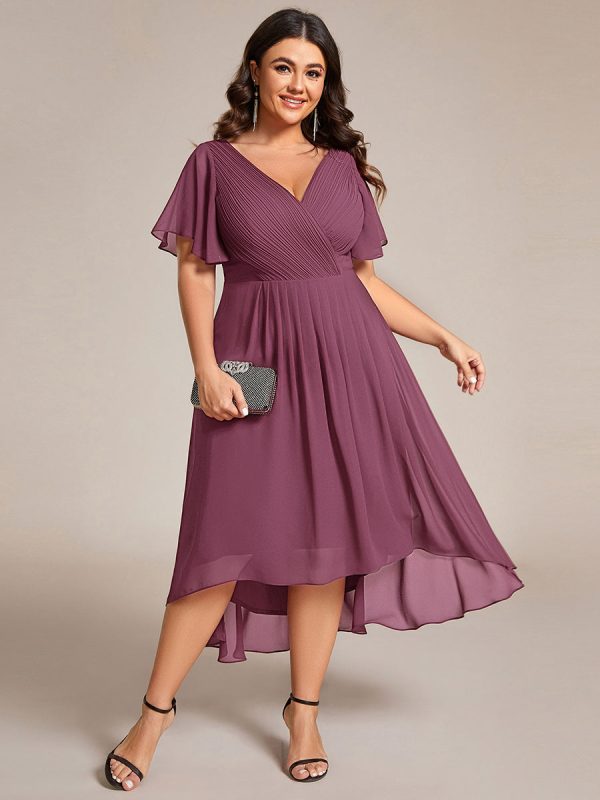 Plus Size Double V-Neck Ruffles Sleeve Chiffon Midi Wedding Guest Dress - Image 88
