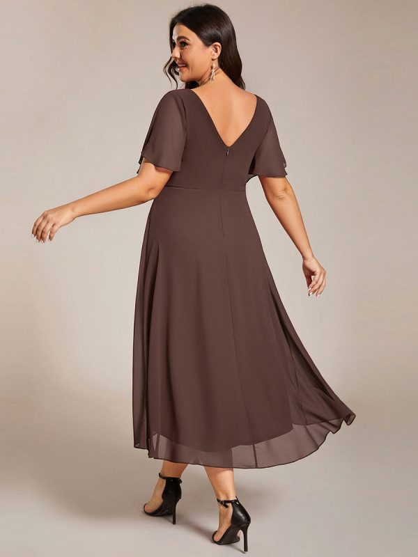 Plus Size Double V-Neck Ruffles Sleeve Chiffon Midi Wedding Guest Dress - Image 92