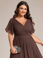 Plus Size Double V-Neck Ruffles Sleeve Chiffon Midi Wedding Guest Dress - Image 93