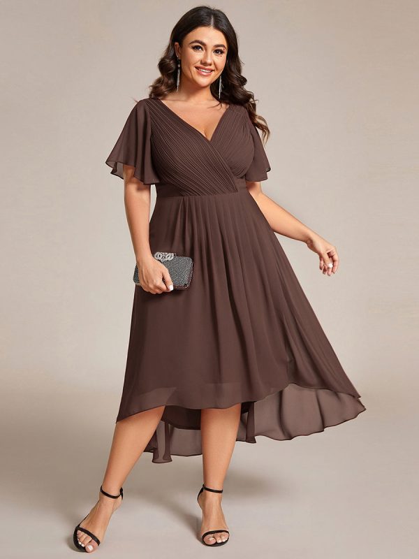 Plus Size Double V-Neck Ruffles Sleeve Chiffon Midi Wedding Guest Dress - Image 91