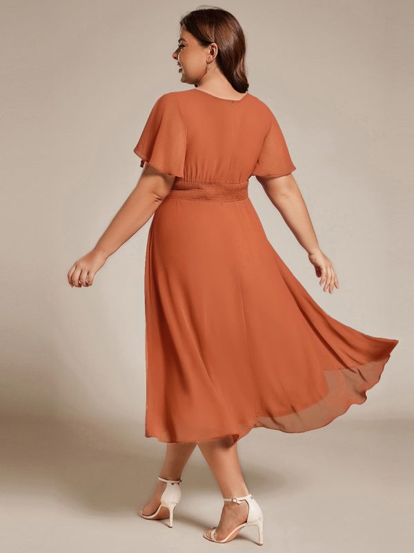 Plus Size Pleated Round Neckline A-Line Midi Chiffon Wedding Guest Dress - Image 82