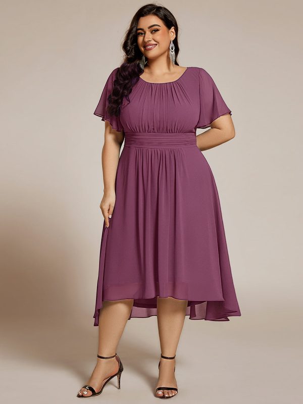 Plus Size Pleated Round Neckline A-Line Midi Chiffon Wedding Guest Dress - Image 84