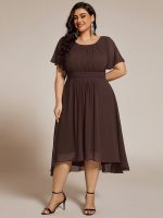 Plus Size Pleated Round Neckline A-Line Midi Chiffon Wedding Guest Dress - Image 87