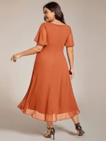 Plus Size Chiffon Short Sleeves Pleated V-Neck A-Line Midi Wedding Guest Dress - Image 106