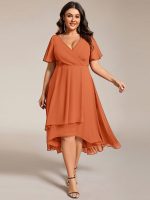 Plus Size Chiffon Short Sleeves Pleated V-Neck A-Line Midi Wedding Guest Dress - Image 105