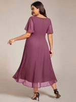 Plus Size Chiffon Short Sleeves Pleated V-Neck A-Line Midi Wedding Guest Dress - Image 109