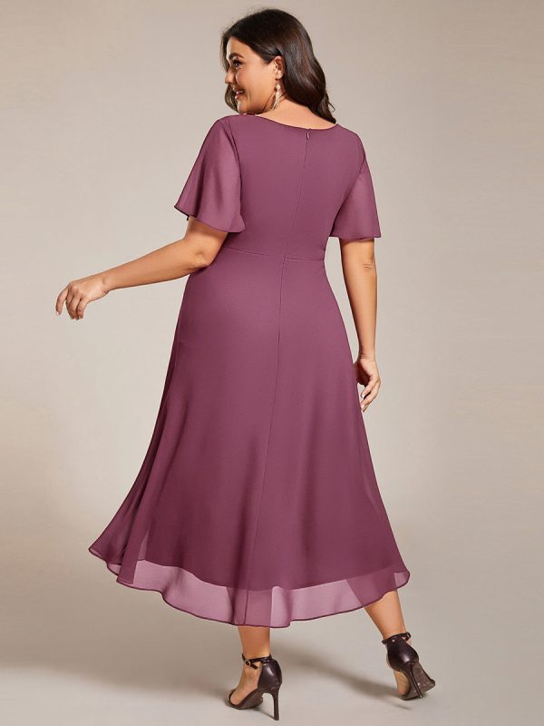 Plus Size Chiffon Short Sleeves Pleated V-Neck A-Line Midi Wedding Guest Dress - Image 109