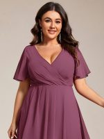 Plus Size Chiffon Short Sleeves Pleated V-Neck A-Line Midi Wedding Guest Dress - Image 110