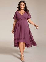 Plus Size Chiffon Short Sleeves Pleated V-Neck A-Line Midi Wedding Guest Dress - Image 108