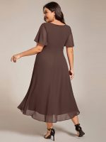 Plus Size Chiffon Short Sleeves Pleated V-Neck A-Line Midi Wedding Guest Dress - Image 112