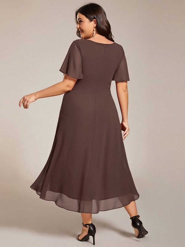 Plus Size Chiffon Short Sleeves Pleated V-Neck A-Line Midi Wedding Guest Dress - Image 112