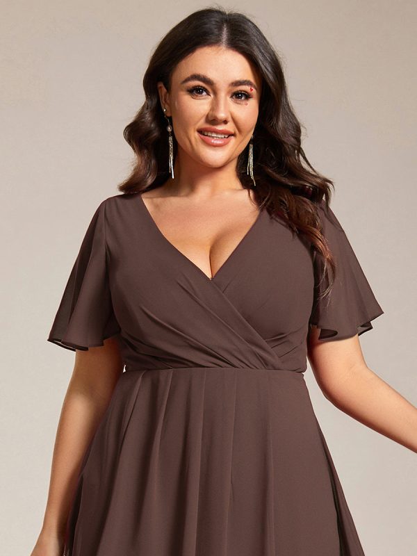 Plus Size Chiffon Short Sleeves Pleated V-Neck A-Line Midi Wedding Guest Dress - Image 113