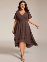 Plus Size Chiffon Short Sleeves Pleated V-Neck A-Line Midi Wedding Guest Dress - Image 111