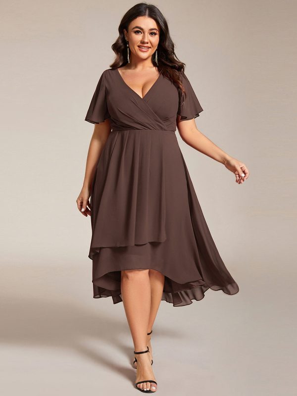 Plus Size Chiffon Short Sleeves Pleated V-Neck A-Line Midi Wedding Guest Dress - Image 111