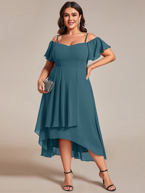 Plus Size Cold Shoulder Sweetheart Necklin Chiffon Midi Wedding Guest Dress - Image 67