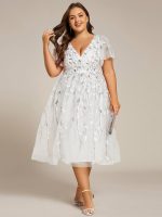 Short Sleeves Leaf Sequin A-Line Midi Formal Wedding Guest Dress - Image 115