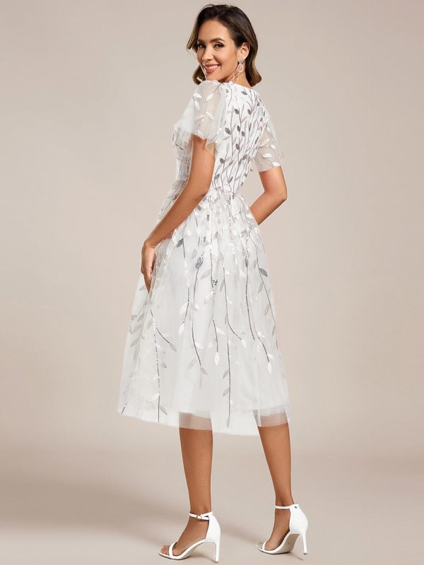 Short Sleeves Leaf Sequin A-Line Midi Formal Wedding Guest Dress - Image 113