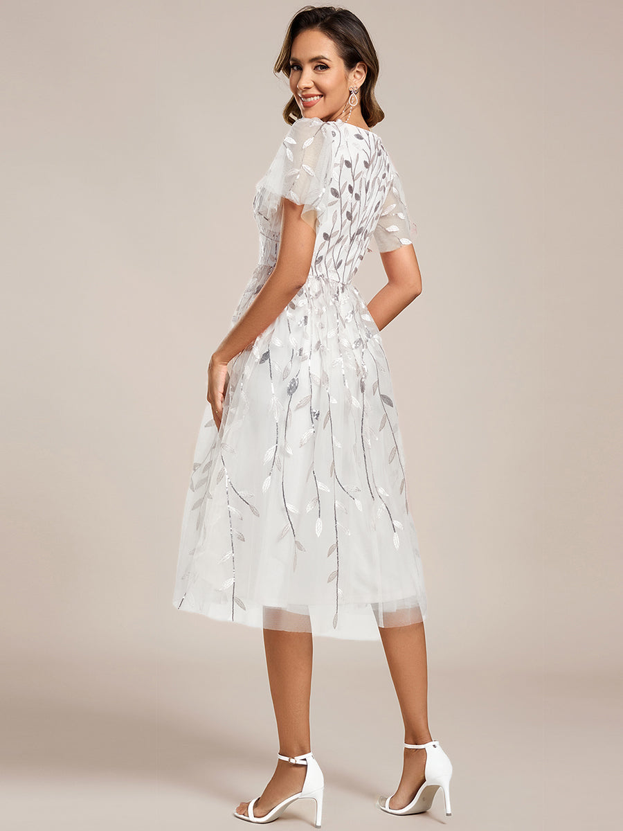 MG02230WH-R2_f8e11788-06e5-4402-b112-acd2ee8c1e83 Short Sleeves Leaf Sequin A-Line Midi Formal Wedding Guest Dress - Image 113