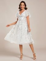 Short Sleeves Leaf Sequin A-Line Midi Formal Wedding Guest Dress - Image 112