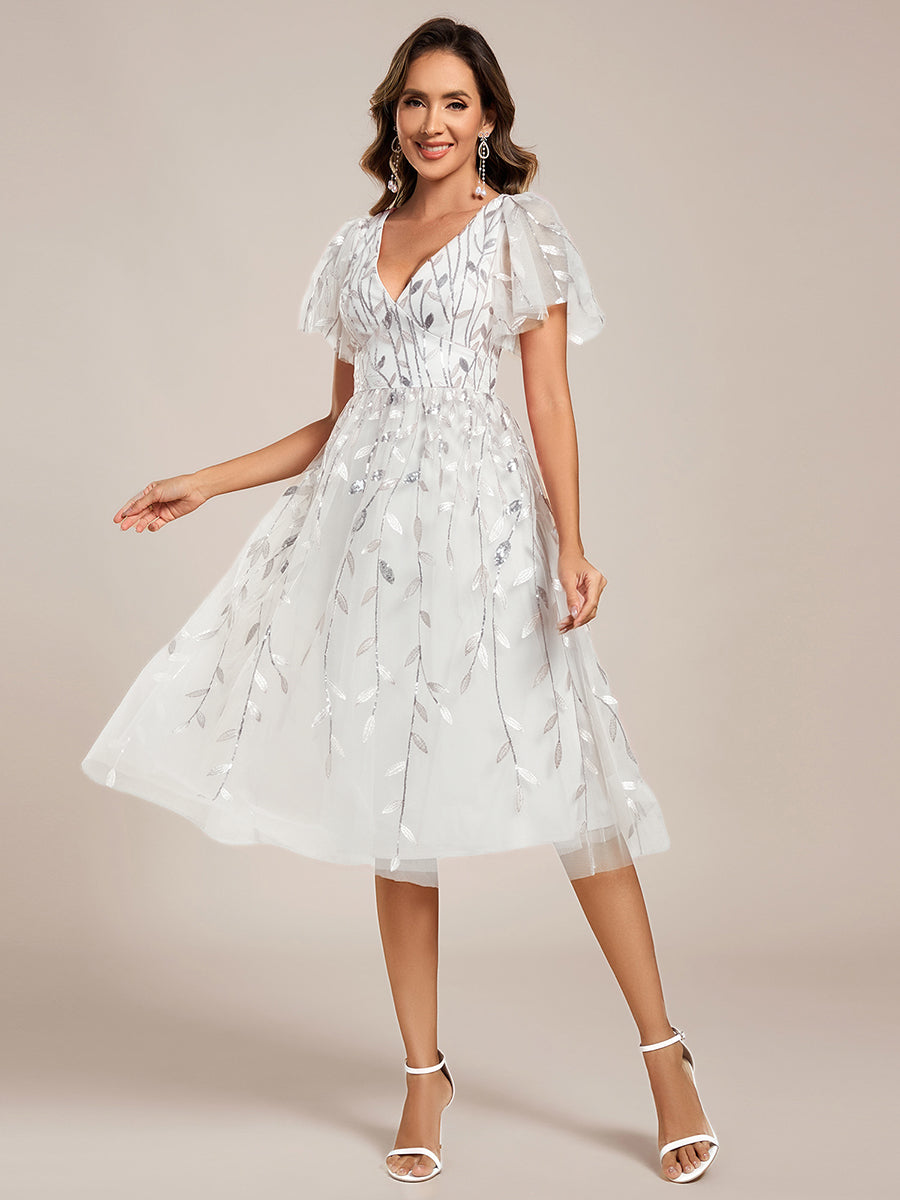 MG02230WH-R_478a5d11-b6f4-47e4-b2d5-bccf6847b6d5 Short Sleeves Leaf Sequin A-Line Midi Formal Wedding Guest Dress - Image 112