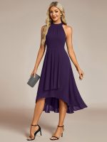 Midi Halter Neck Chiffon Wedding Guest Dress with Sleeveless and A-Line - Image 81