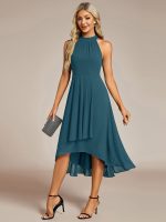 Midi Halter Neck Chiffon Wedding Guest Dress with Sleeveless and A-Line - Image 77