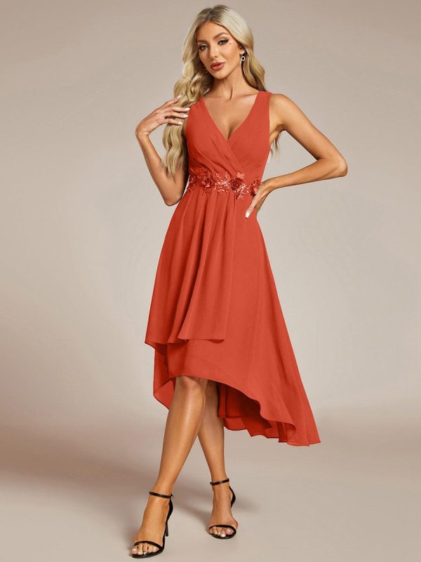 Sleeveless V-Neck High Low Wedding Guest Dress with Floral Applique - Image 44