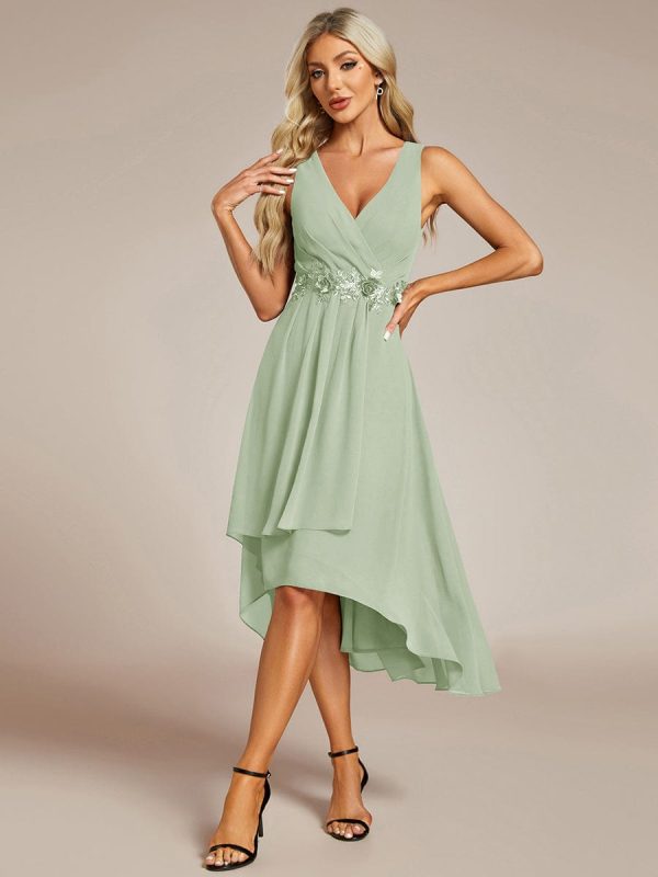 Sleeveless V-Neck High Low Wedding Guest Dress with Floral Applique - Image 50