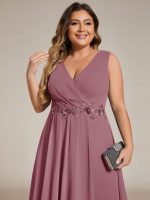 Sleeveless V-Neck High Low Wedding Guest Dress with Floral Applique - Image 61
