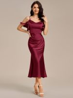 Ruffled Off Shoulder Satin Midi Mermaid Bridesmaid Dress