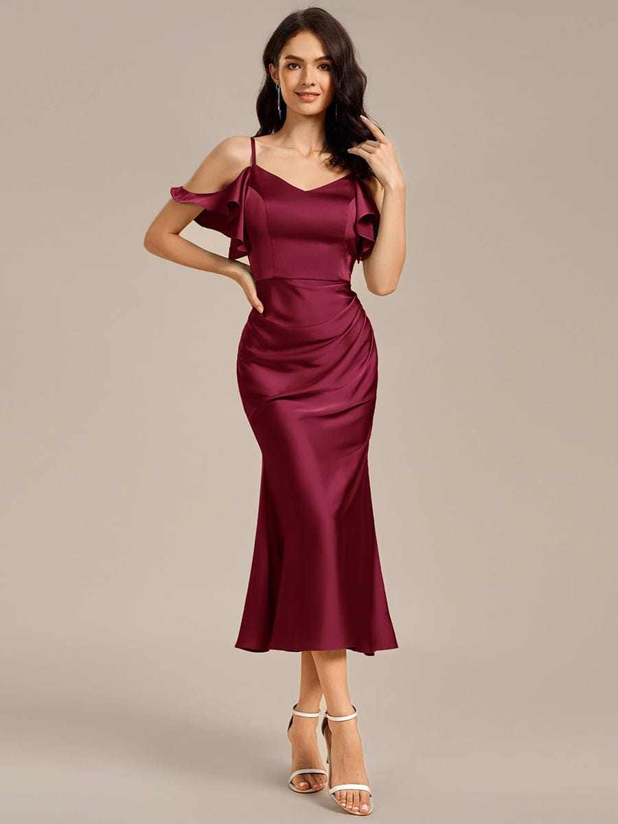 MS02399BD-R Ruffled Off Shoulder Satin Midi Mermaid Bridesmaid Dress - Image 1