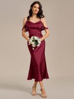 Ruffled Off Shoulder Satin Midi Mermaid Bridesmaid Dress - Image 9