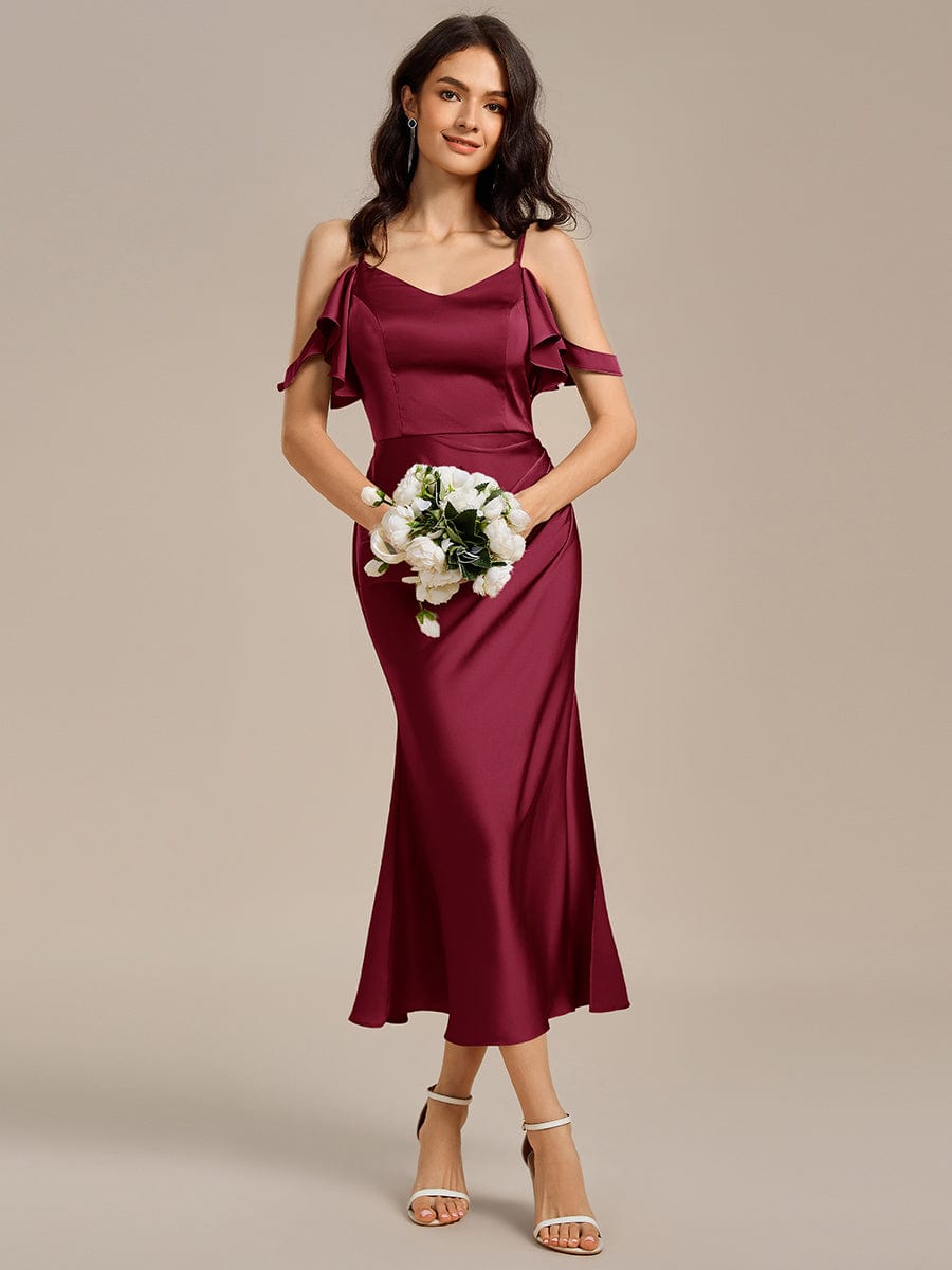 MS02399BD-R3 Ruffled Off Shoulder Satin Midi Mermaid Bridesmaid Dress - Image 9