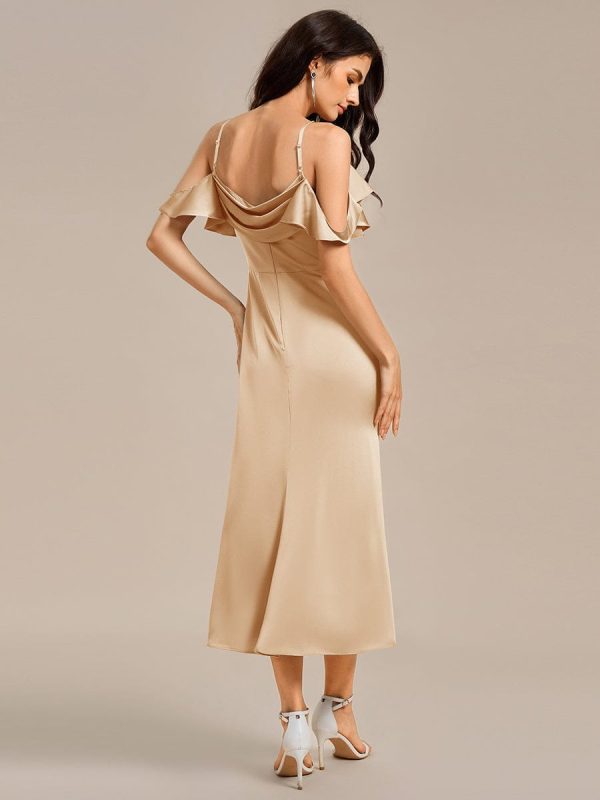 Ruffled Off Shoulder Satin Midi Mermaid Bridesmaid Dress - Image 12