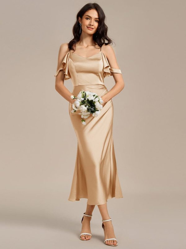 Ruffled Off Shoulder Satin Midi Mermaid Bridesmaid Dress - Image 11