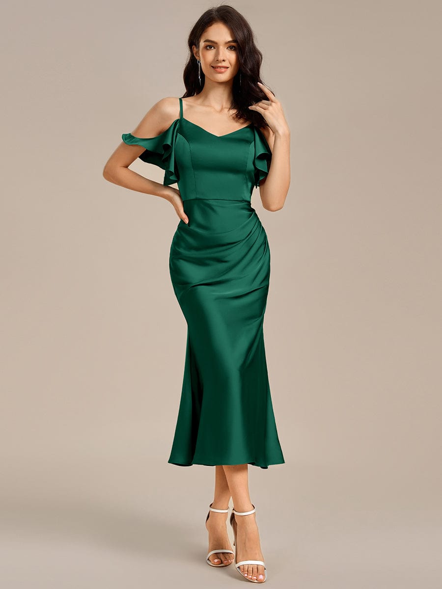 MS02399DG-R Ruffled Off Shoulder Satin Midi Mermaid Bridesmaid Dress - Image 20