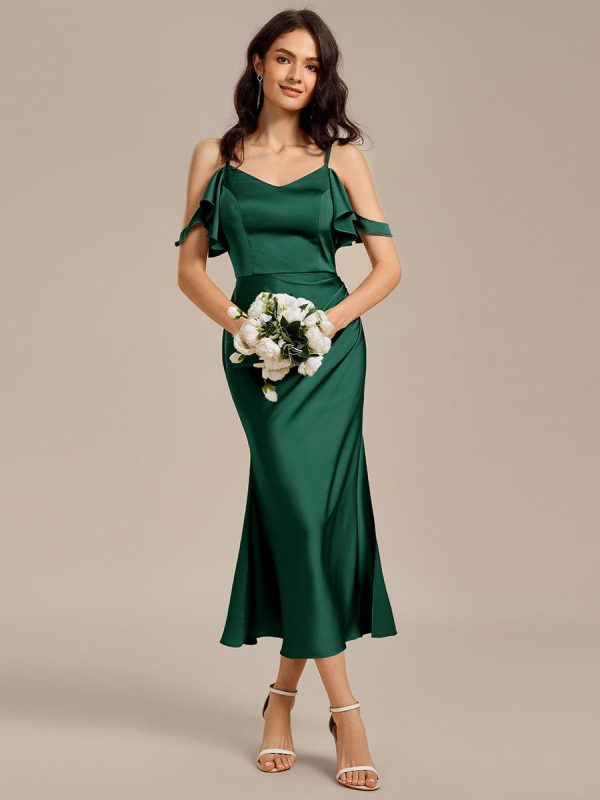Ruffled Off Shoulder Satin Midi Mermaid Bridesmaid Dress - Image 19