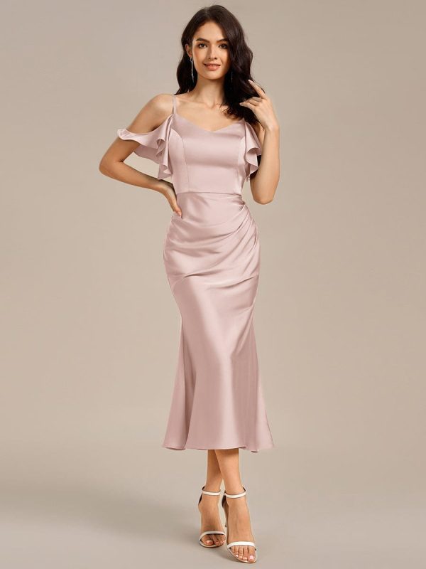 Ruffled Off Shoulder Satin Midi Mermaid Bridesmaid Dress - Image 23