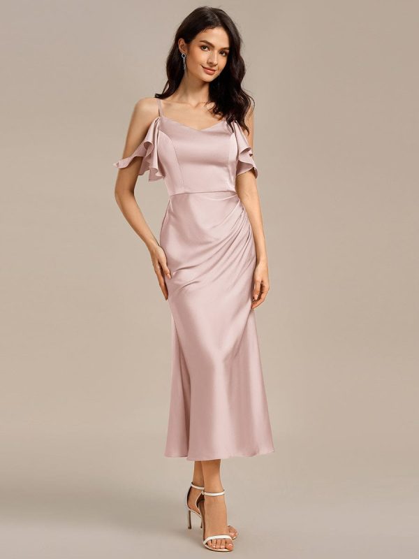 Ruffled Off Shoulder Satin Midi Mermaid Bridesmaid Dress - Image 25