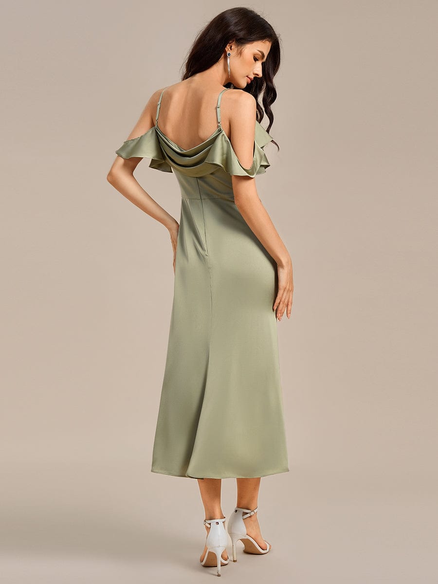 MS02399SG-R2 Ruffled Off Shoulder Satin Midi Mermaid Bridesmaid Dress - Image 4