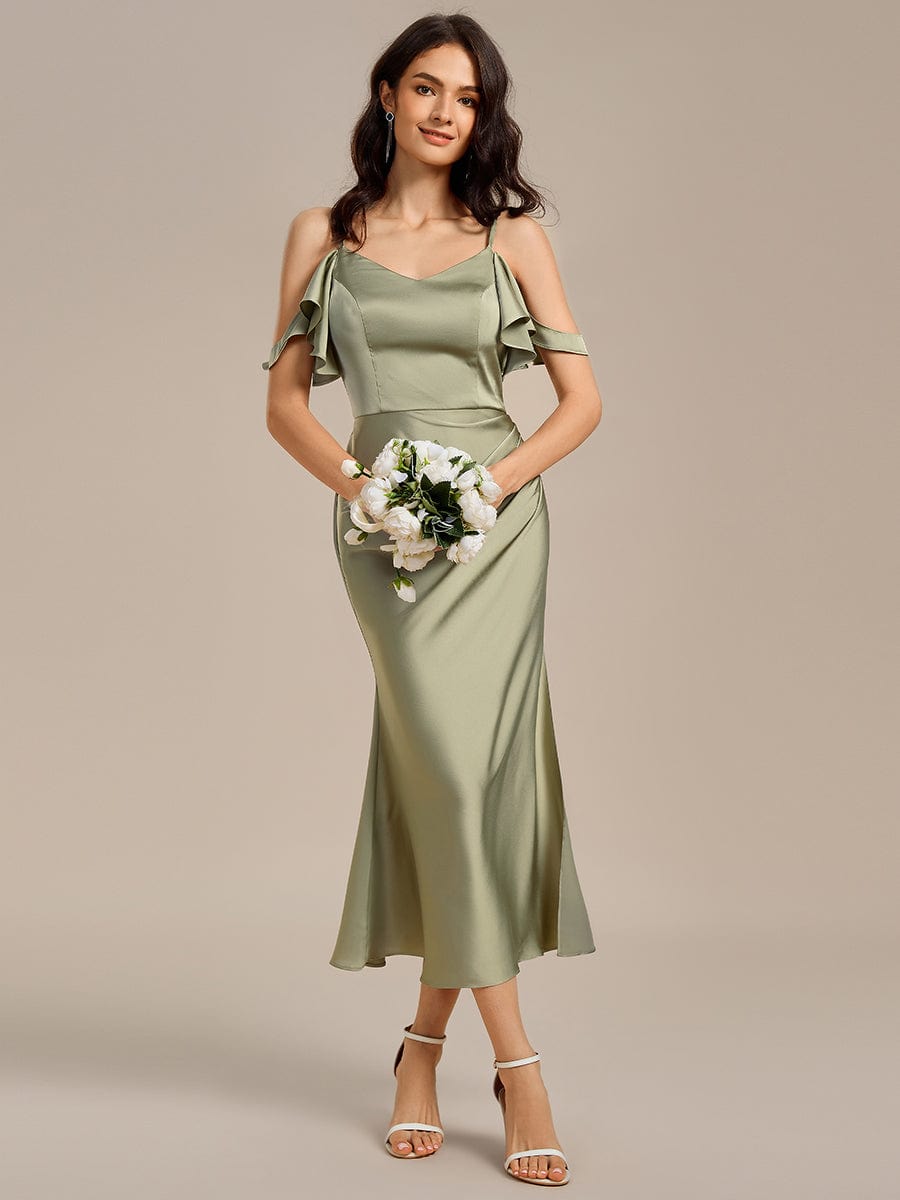 MS02399SG-R3 Ruffled Off Shoulder Satin Midi Mermaid Bridesmaid Dress - Image 6
