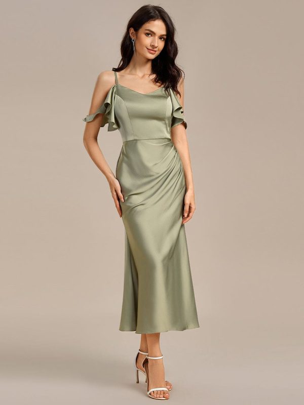 Ruffled Off Shoulder Satin Midi Mermaid Bridesmaid Dress - Image 7