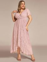 Plus Size Short Sleeve Ruffled V-Neck A-Line Lace Wedding Guest Dress - Image 55