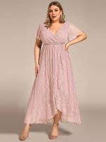 Plus Size Short Sleeve Ruffled V-Neck A-Line Lace Wedding Guest Dress - Image 56