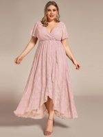 Plus Size Short Sleeve Ruffled V-Neck A-Line Lace Wedding Guest Dress - Image 52